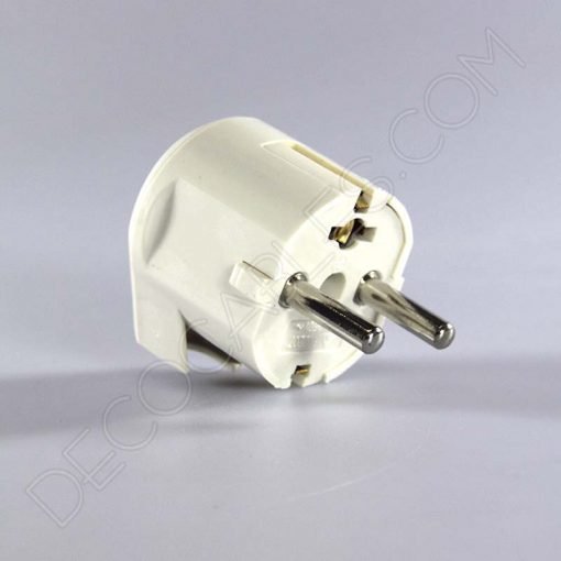 Clavija bipolar macho acodada plana con toma de tierra en color blanco