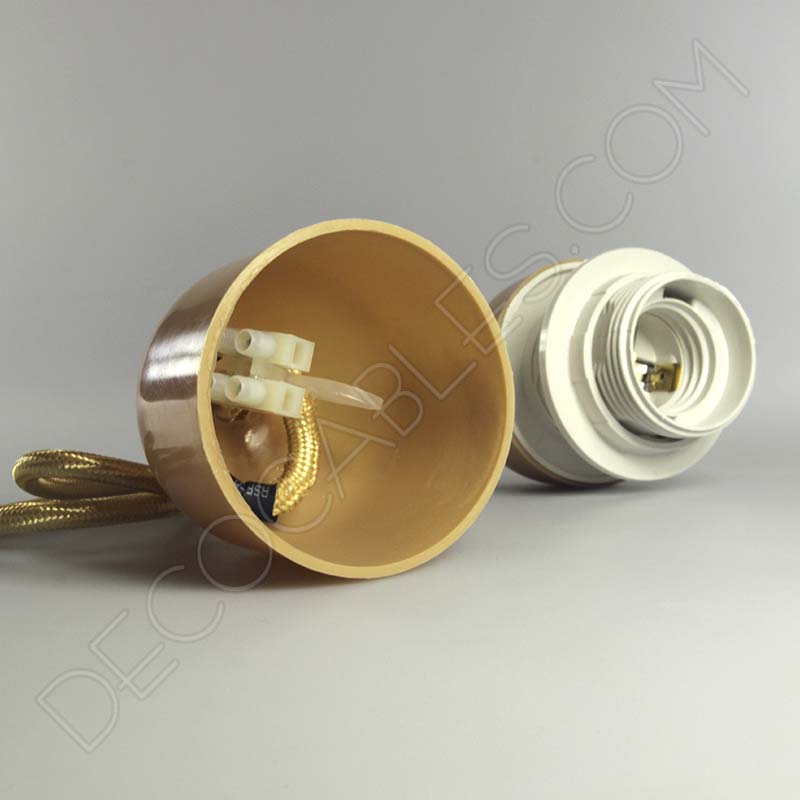 Lámparas colgantes para pantallas en suspensión con cable textil a juego en color dorado Lámparas colgantes para pantallas en suspensión con cable textil a juego en color dorado