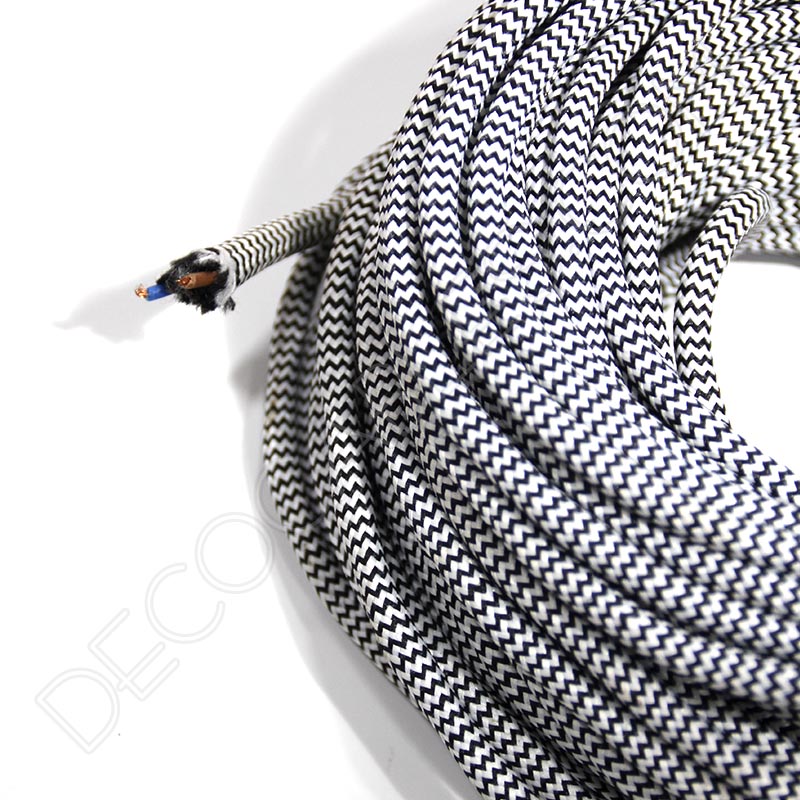 Cable eléctrico redondo de tela de color blanco y negro zig-zag Cable eléctrico redondo de tela de color blanco y negro zig-zag