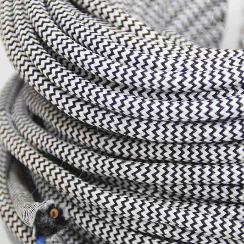 Cable eléctrico redondo de tela de color blanco y negro zig-zag Cable eléctrico redondo de tela de color blanco y negro zig-zag
