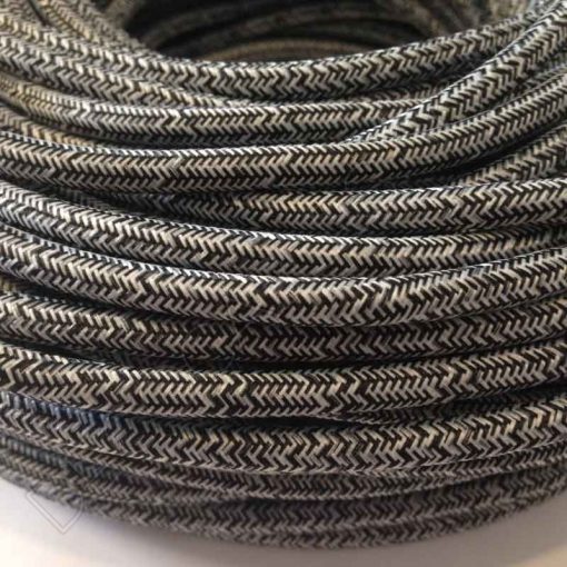 Cable eléctrico redondo de tela de color gris y blanco en zig-zag jaspeado