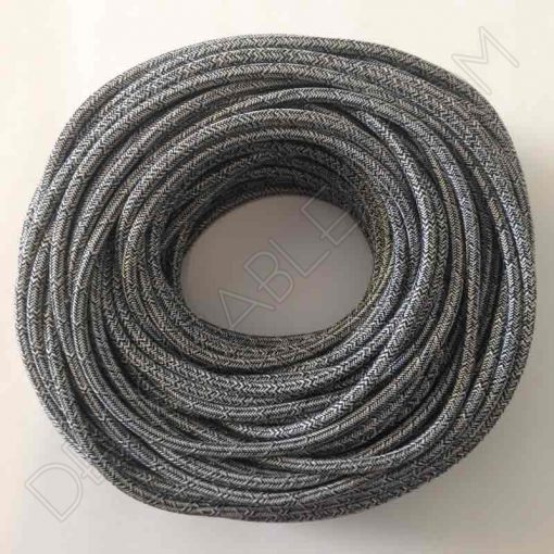 Cable eléctrico redondo de tela de color gris y blanco en zig-zag jaspeado