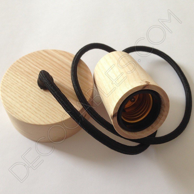 Lámpara colgante en madera con cable textil modelo cilindro Lámpara colgante en madera con cable textil modelo cilindro