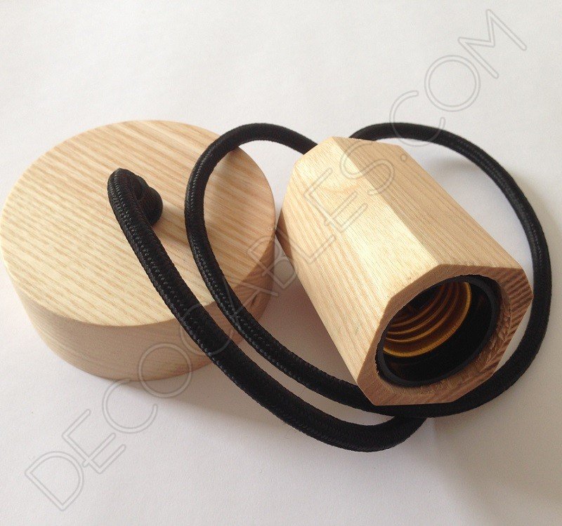 Lámpara colgante en madera con cable textil modelo biselado Lámpara colgante en madera con cable textil modelo biselado