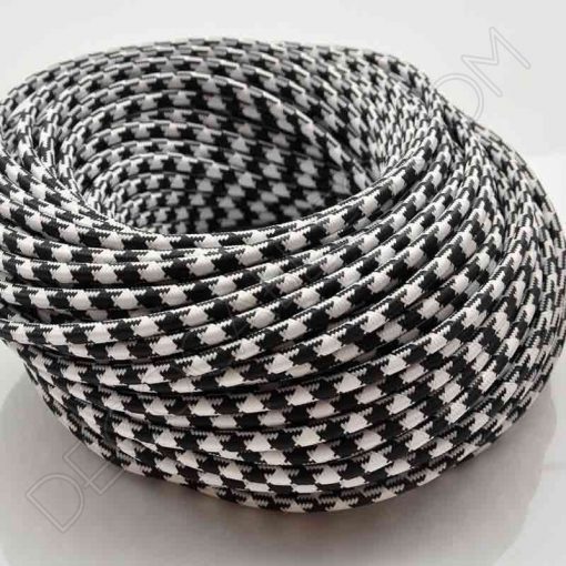 Cable eléctrico redondo vintage de tela de color blanco y negro jaspeado