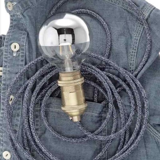 Cable eléctrico redondo de tela vaquera color azul y blanco en zig-zag jaspeado