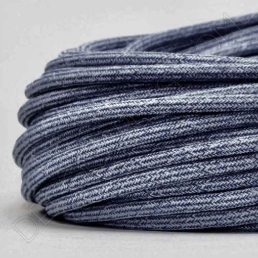 Cable eléctrico redondo de tela vaquera color azul y blanco en zig-zag jaspeado