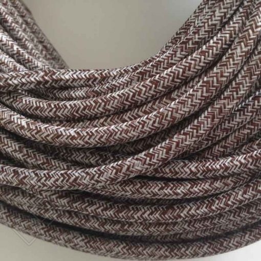 Cable eléctrico redondo de tela vaquera color marrón y blanco en zig-zag jaspeado