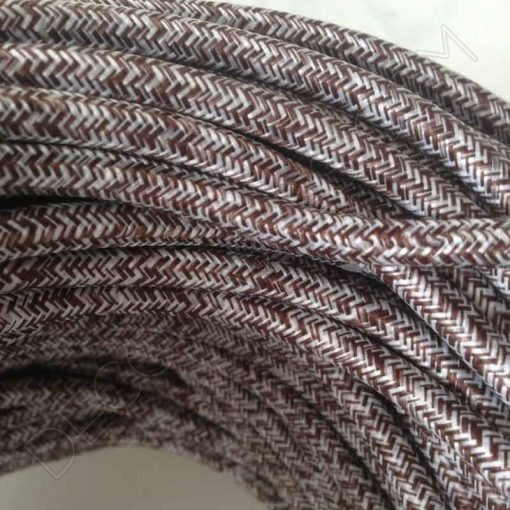 Cable eléctrico redondo de tela vaquera color marrón y blanco en zig-zag jaspeado