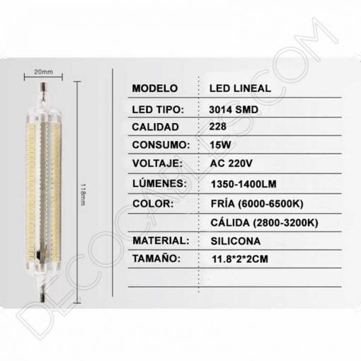 Bombilla Lineal Led larga 118mm 3 Bombilla lineal led larga 118 milímetros