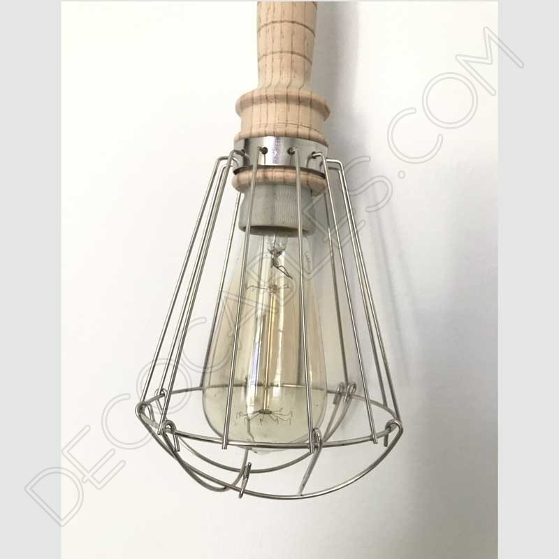 Lámpara colgante de madera con jaula metálica Lámpara colgante de madera con jaula metálica