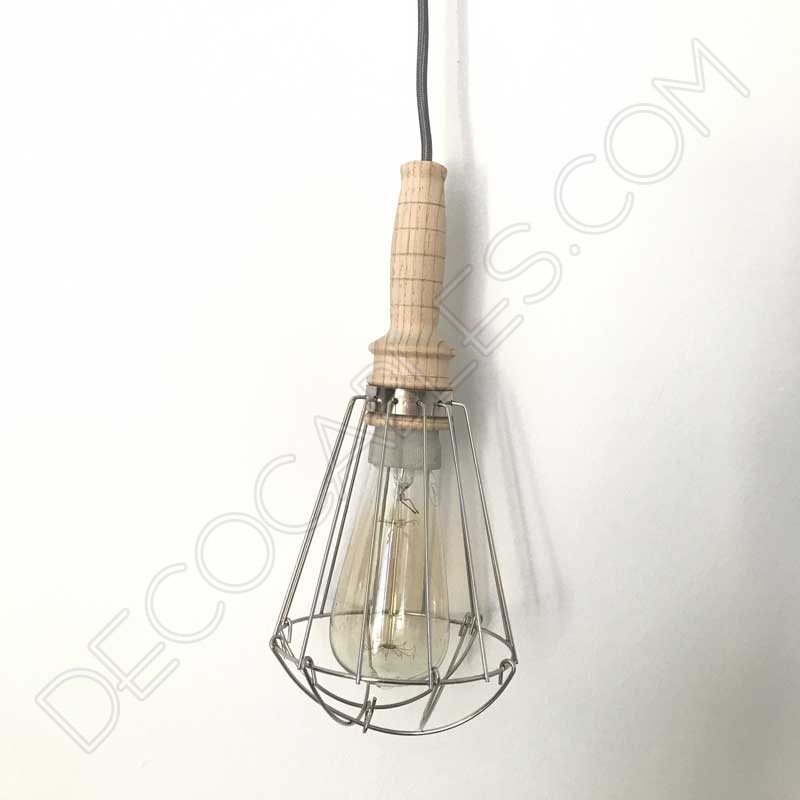 Lámpara colgante de madera con jaula metálica Lámpara colgante de madera con jaula metálica