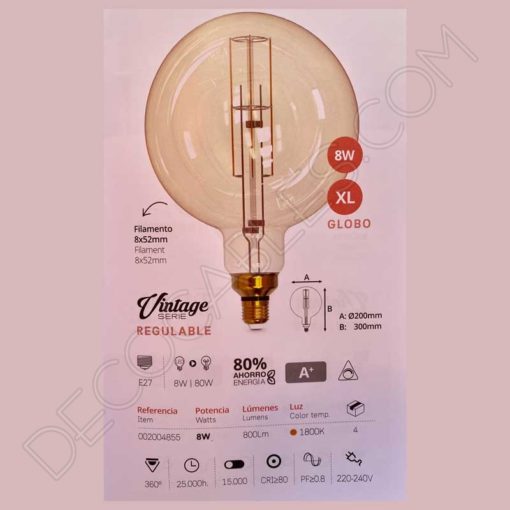 Bombilla filamento Led Gigante Globo Regulable 8 Bombilla filamento Led gigante globo