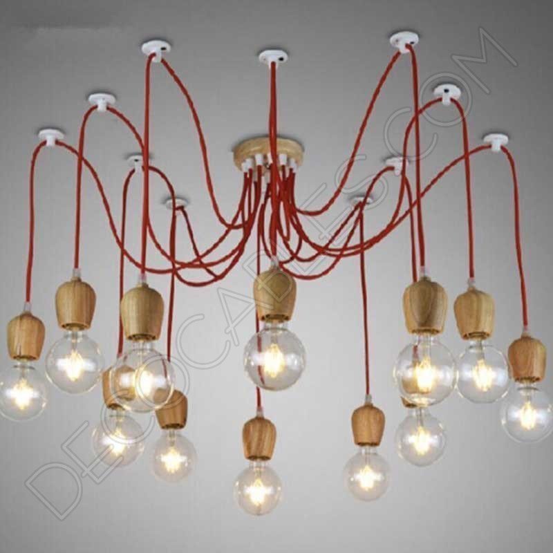 Lámpara colgante araña de madera color rojo Lámpara colgante araña de madera color rojo
