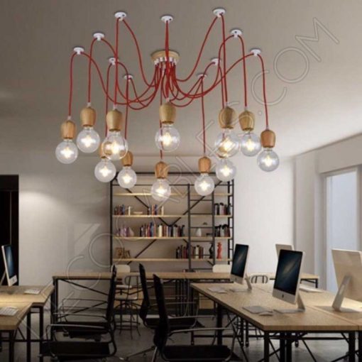 Lámpara araña con portalámparas de madera 2 Lámpara colgante araña de madera color rojo