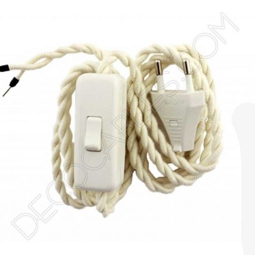 Clavija decorativa para lámparas (varios colores) 11 cable trenzado con interruptor y clavija blanco marfil