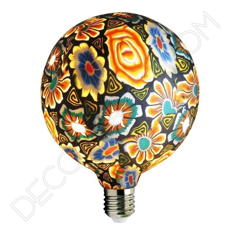 Bombilla led decorativa de silicona modelo globo casquillo E27 motivos florales con fondo negro Bombilla led decorativa de silicona modelo globo casquillo E27 motivos florales con fondo negro