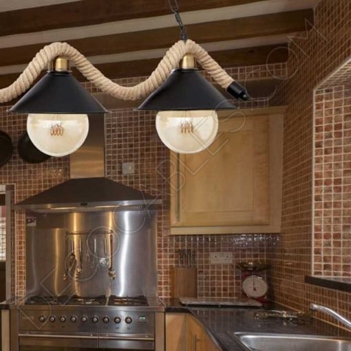 Lámpara colgante soga rústica con dos tulipas metálicas