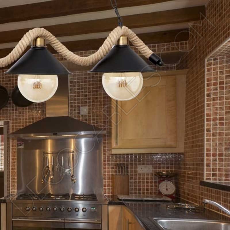 Lámpara colgante soga rústica con dos tulipas metálicas Lámpara colgante soga rústica con dos tulipas metálicas