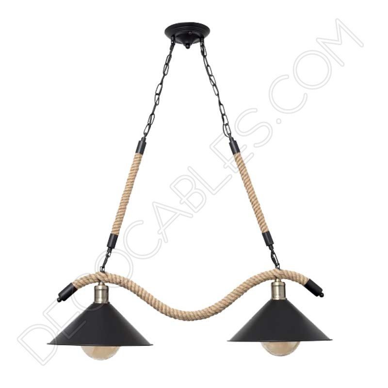 Lámpara colgante soga rústica con dos tulipas metálicas Lámpara colgante soga rústica con dos tulipas metálicas