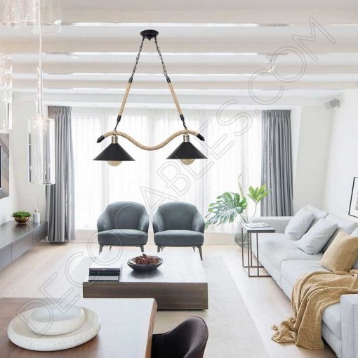 Lámpara colgante rústica soga de cáñamo de dos luces 2 Lámpara colgante soga rústica con dos tulipas metálicas