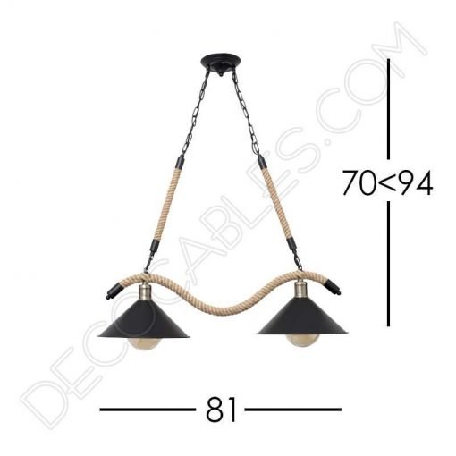 Lámpara colgante rústica soga de cáñamo de dos luces 5 Lámpara colgante soga rústica con dos tulipas metálicas
