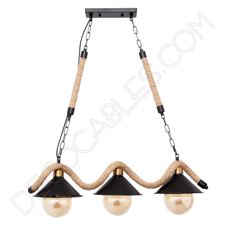 Lámpara colgante soga rústica con tres tulipas metálicas Lámpara colgante soga rústica con tres tulipas metálicas