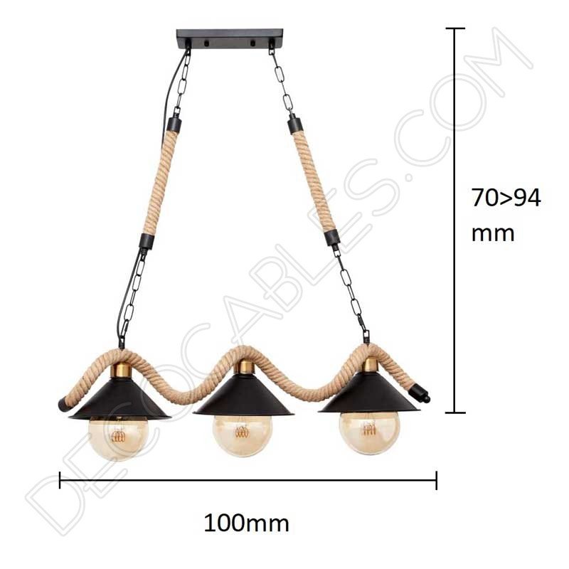 Lámpara colgante soga rústica con tres tulipas metálicas Lámpara colgante soga rústica con tres tulipas metálicas