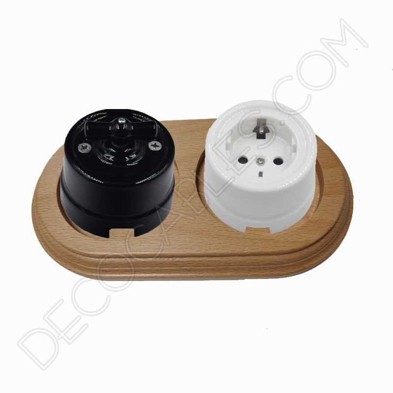 Base de madera para interruptor y enchufe cerámico Vintage Base de madera para interruptor y enchufe cerámico Vintage
